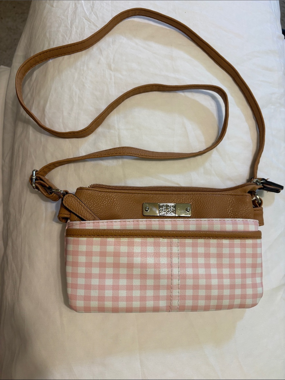 Leather-Trim Pink Gingham Crossbody Bag